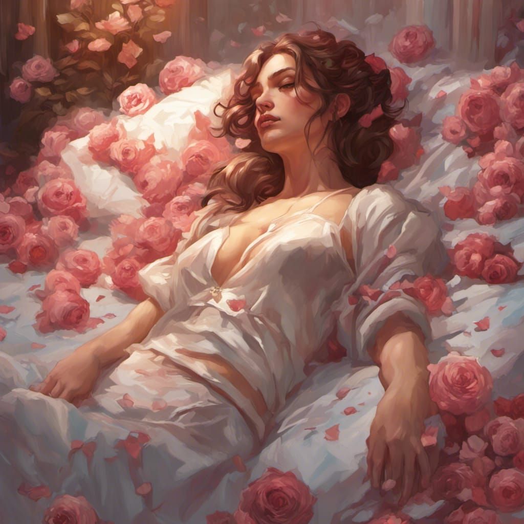 Romantic Woman on Roses in Art Nouveau Style