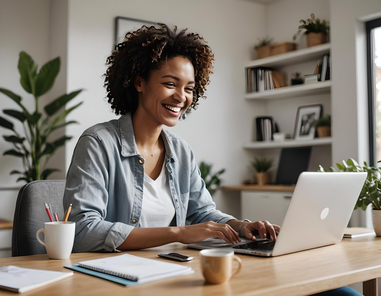 Happy Employee Working From Home at Laptop