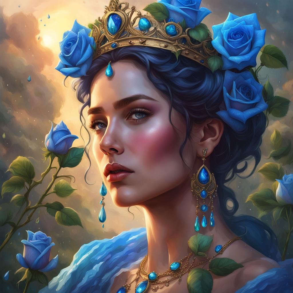 Woman with Blue Rose Crown, Hyperdetailed Portrait