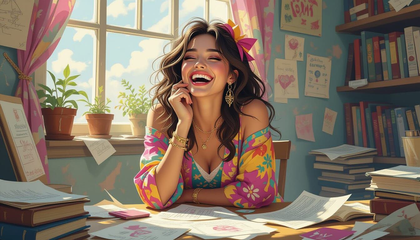 Laughing Woman with Unused Plans in Dreamy Art Style