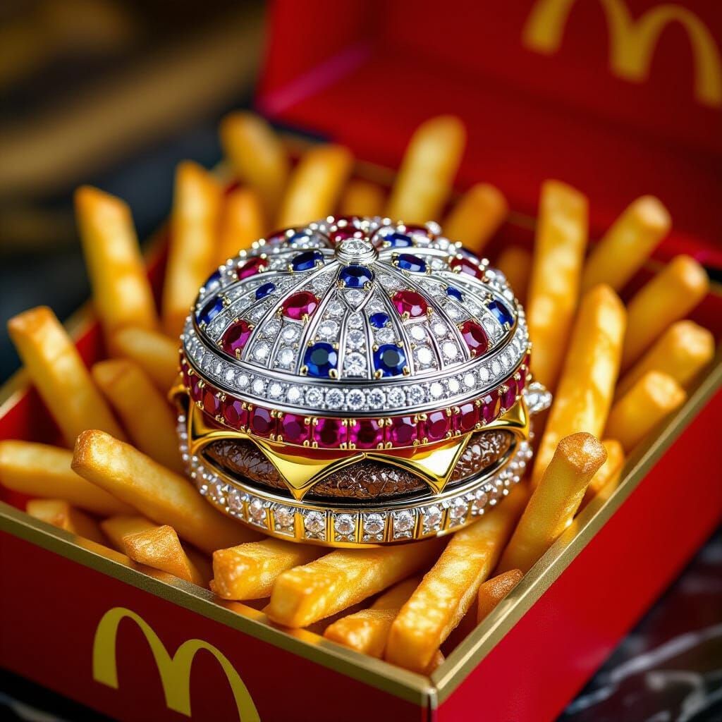 Luxury Burger Brooch in a Happy Meal Box