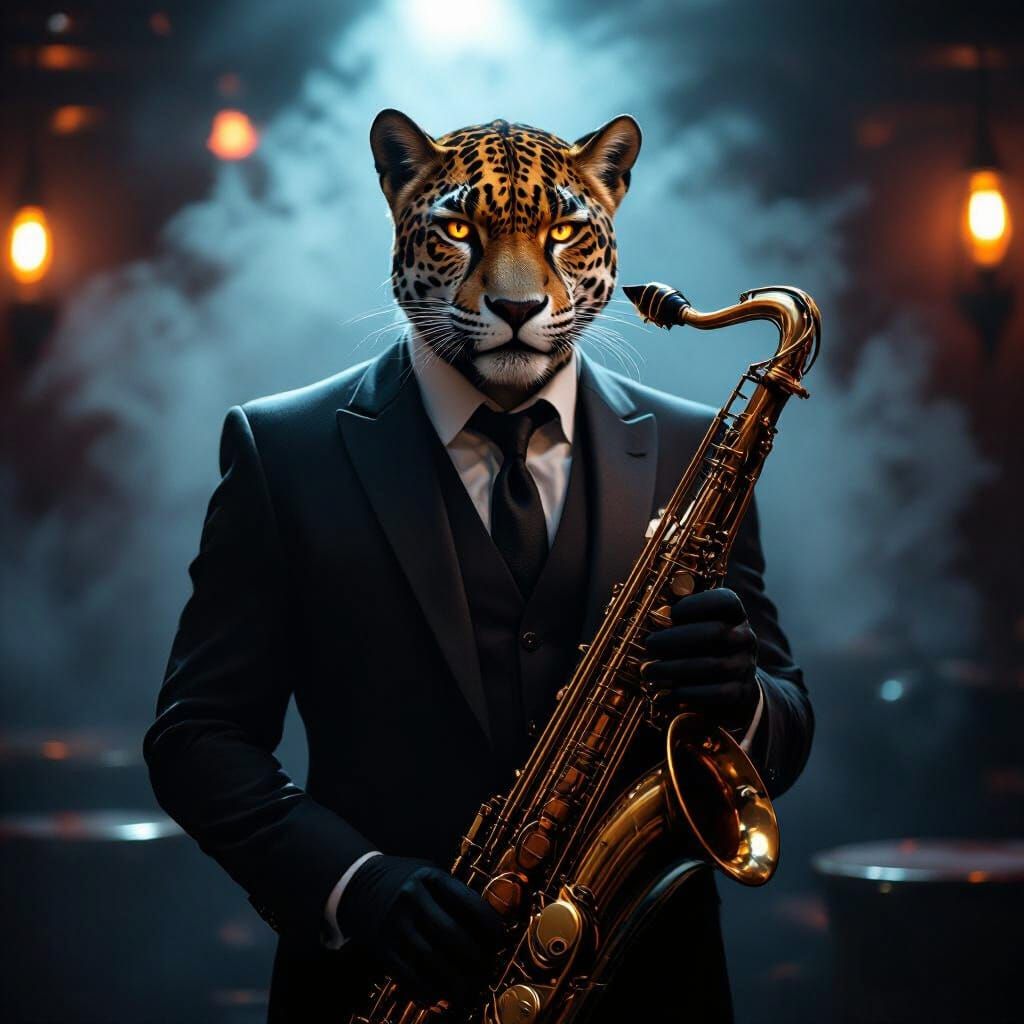 Humanoid Jaguar Saxophonist in Film Noir Style
