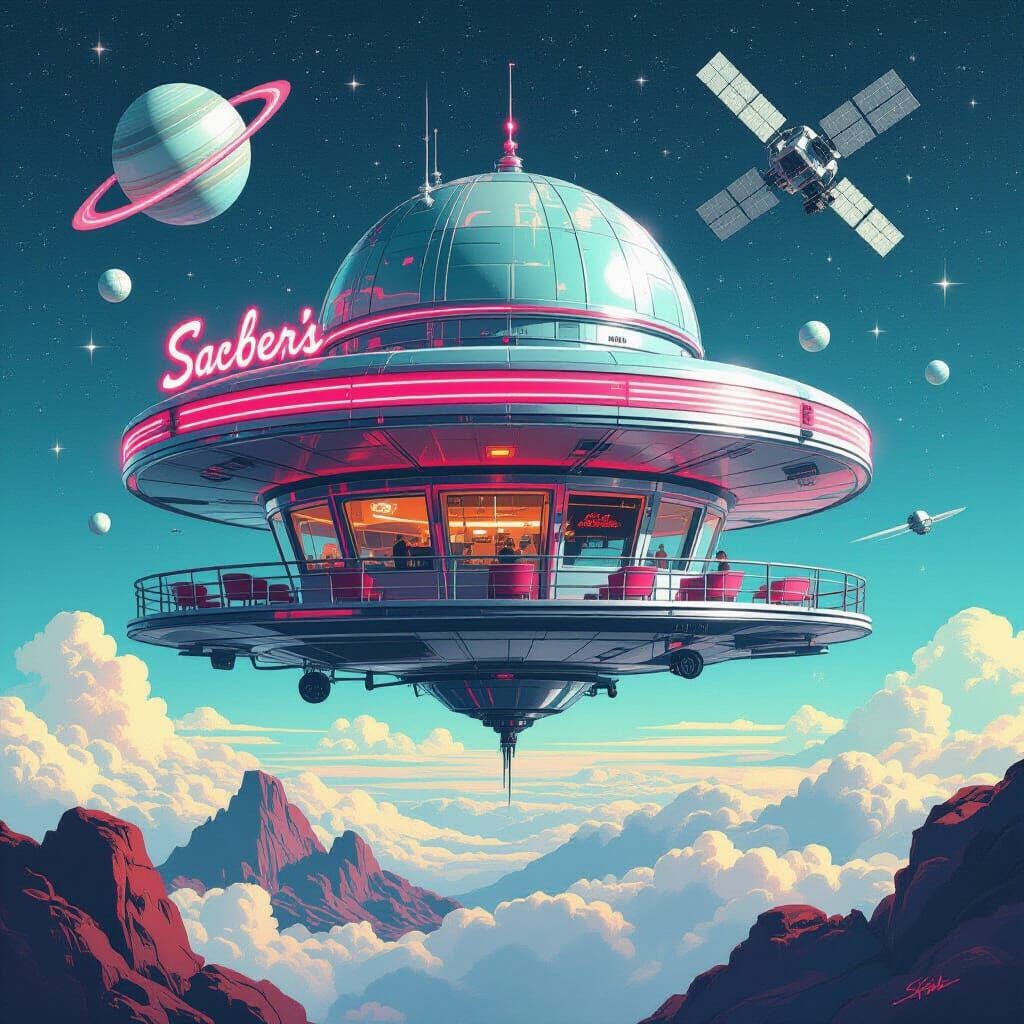 Retro-Futuristic Diner Floating in Space: Neo-Impressionist ...