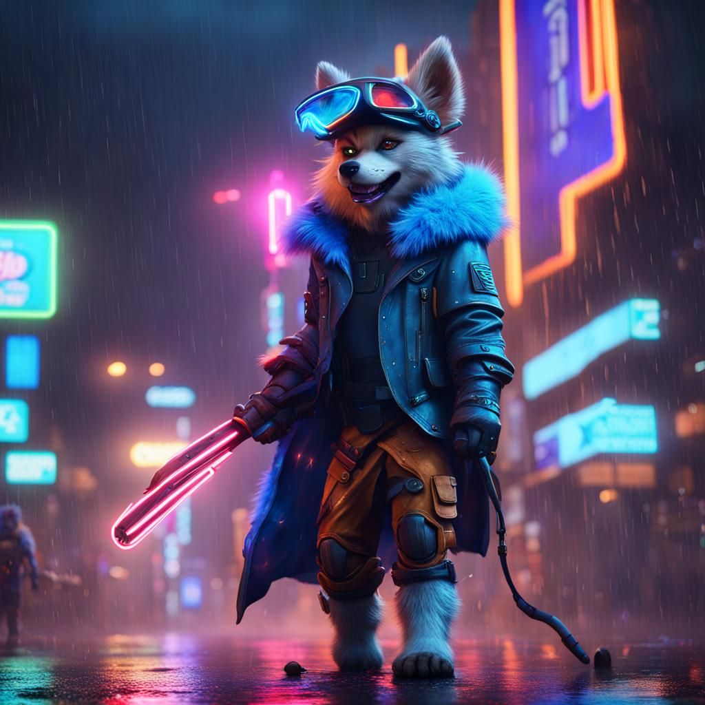 Furry Protogen with Neon Visor in Rainy City