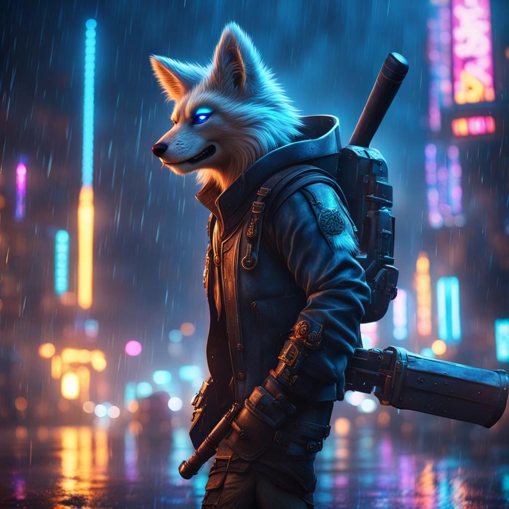Furry Protogen in Rainy City with Neon Lights