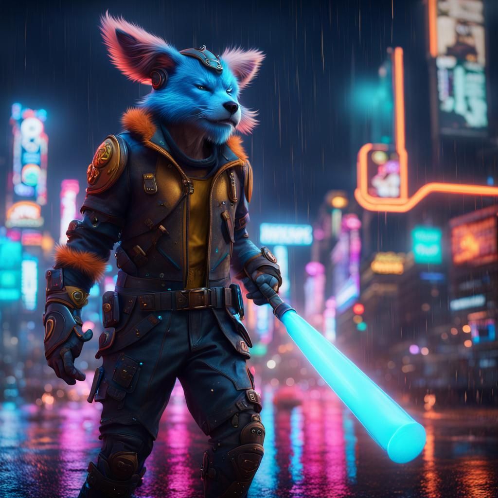 Furry Protogen in Neon Cityscape