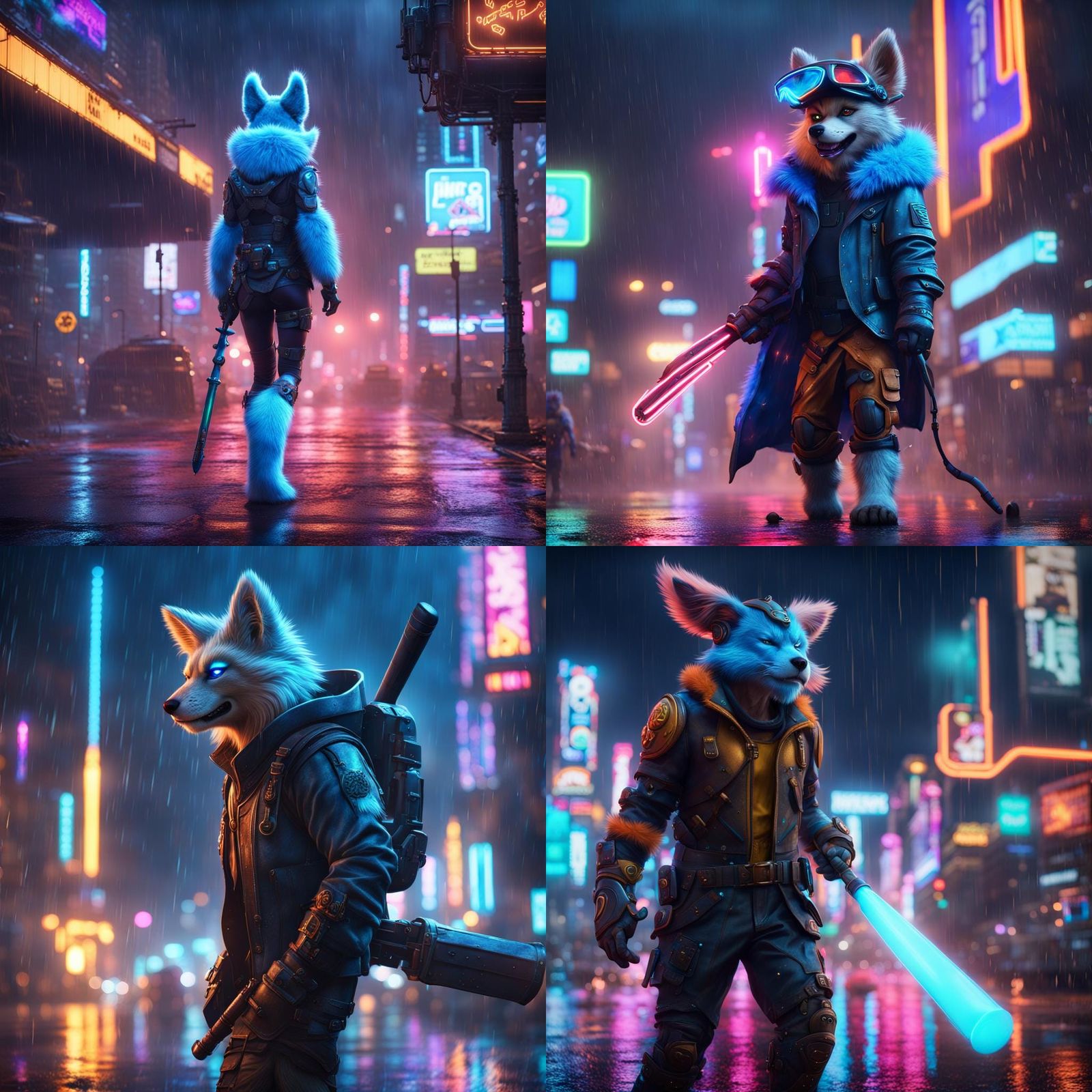 Furry Protogen in Rainy City with Neon Lights