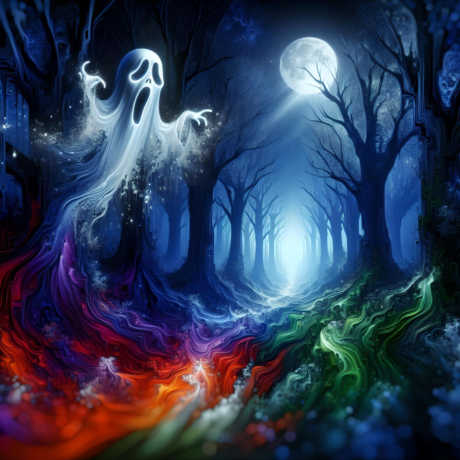 Ghost Shouting Boo in Forest Splash Art Style