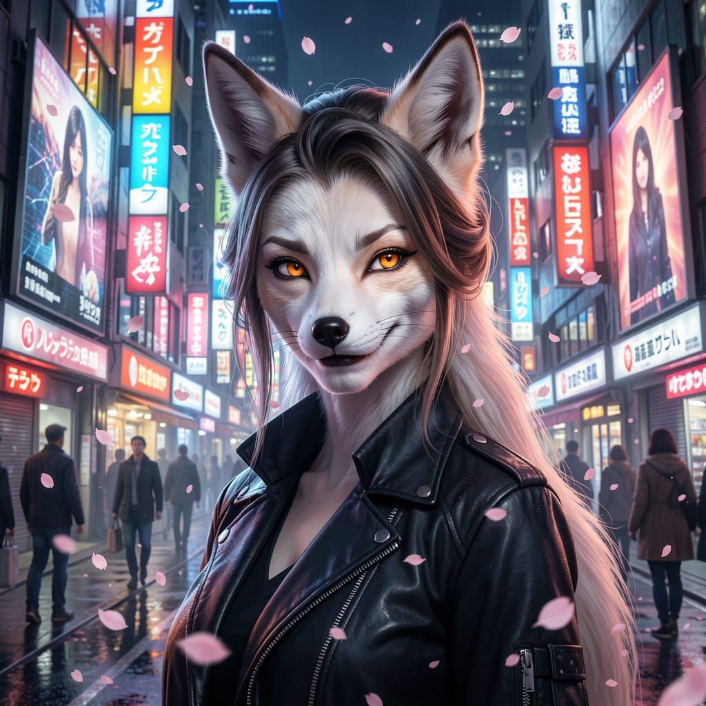 Elegant Kitsune in Neon Cyberpunk Tokyo Street