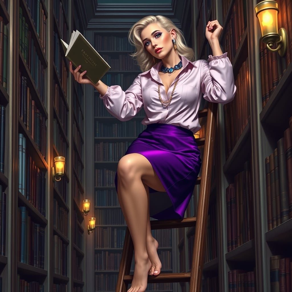 Glamorous Woman Climbing Library Ladder in Hyperreal Style