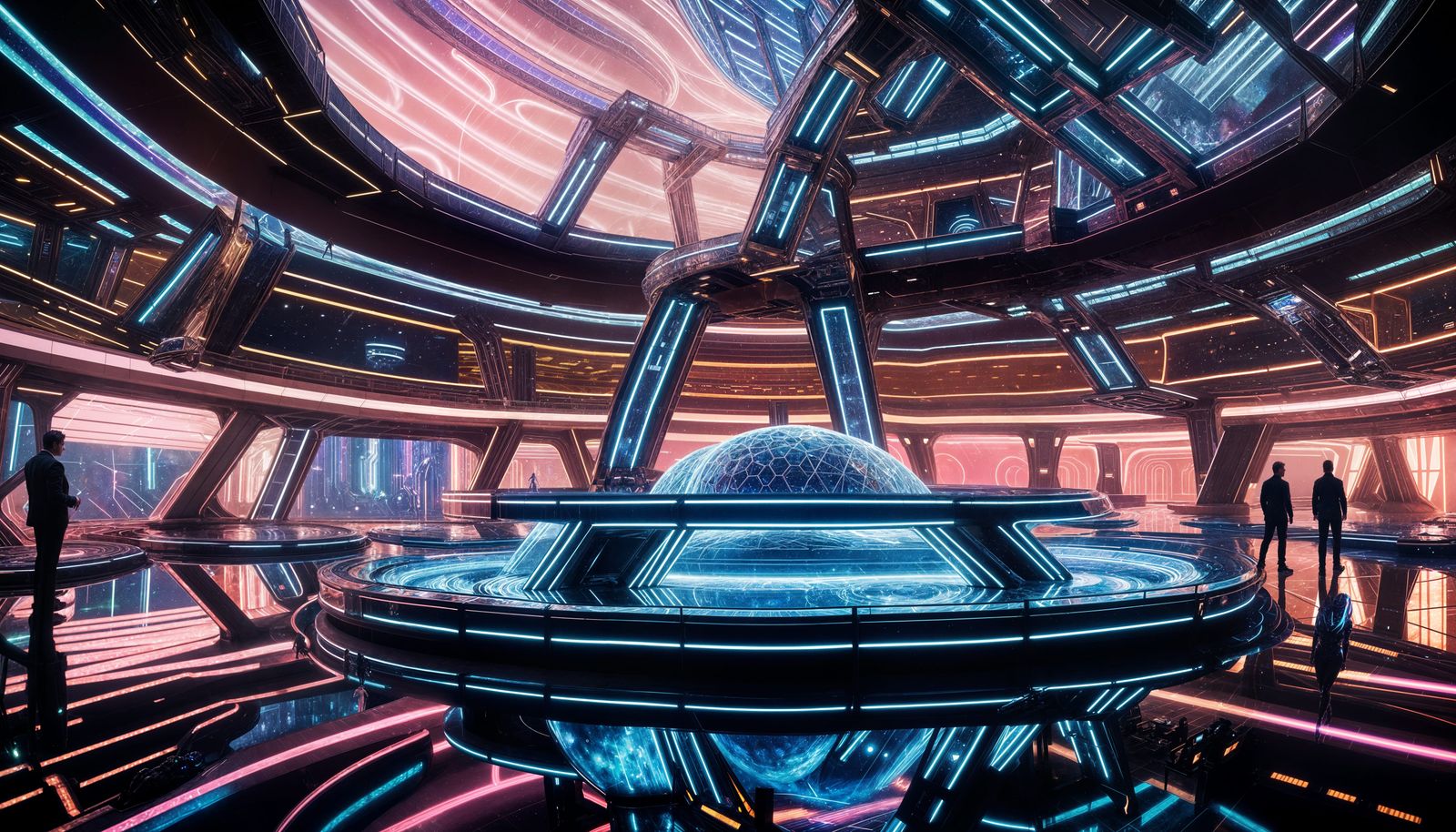 Futuristic Space Arena Orbiting Earth with Holographic Proje...