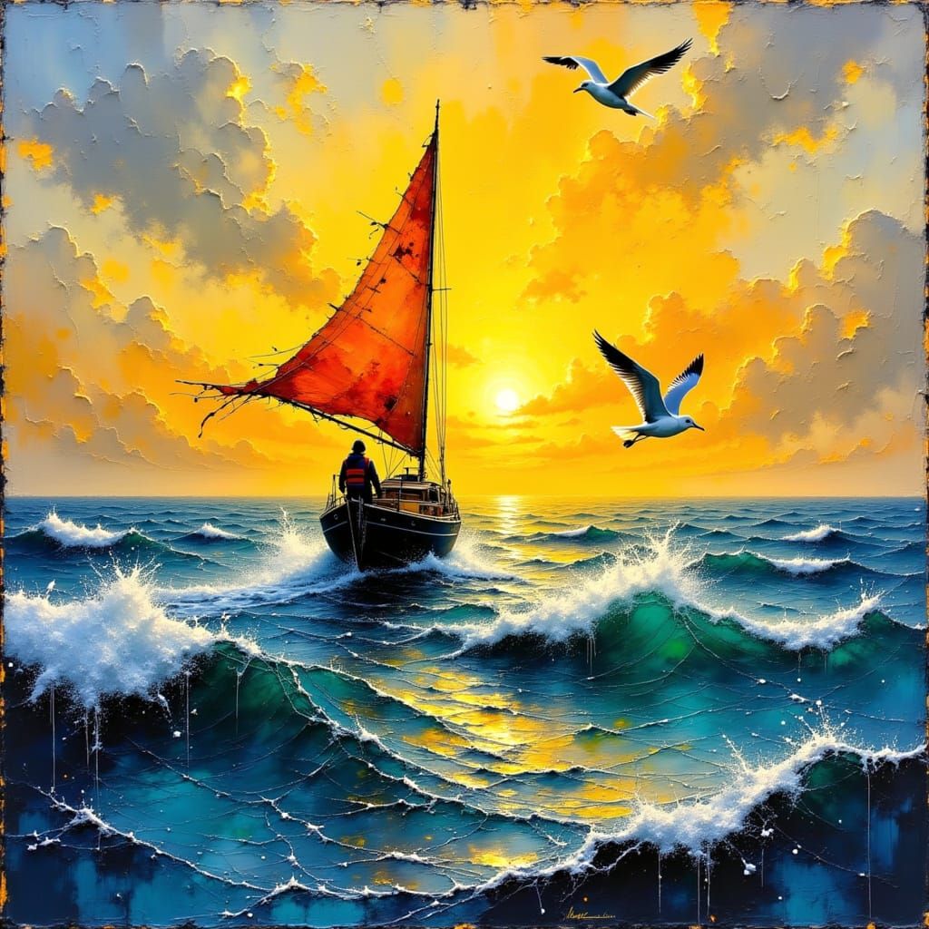 Sailing Boat at Sunset in Impasto Oil Style