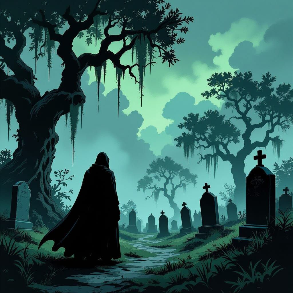 Cloaked Figure in Foggy Graveyard: Graphic Novel Style