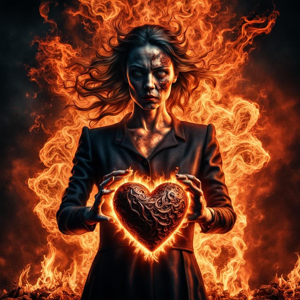 Woman Burns Heart: Dark, Detailed, Cinematic
