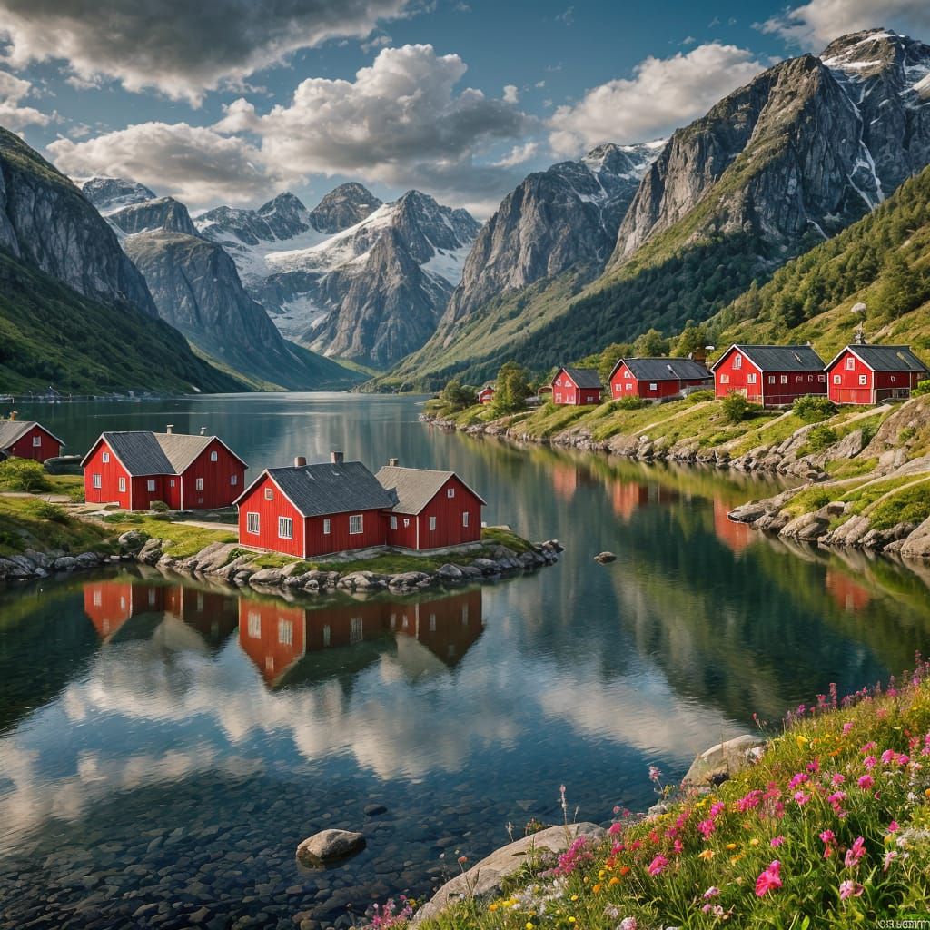 Picturesque Scandinavian Fjord with Red Houses