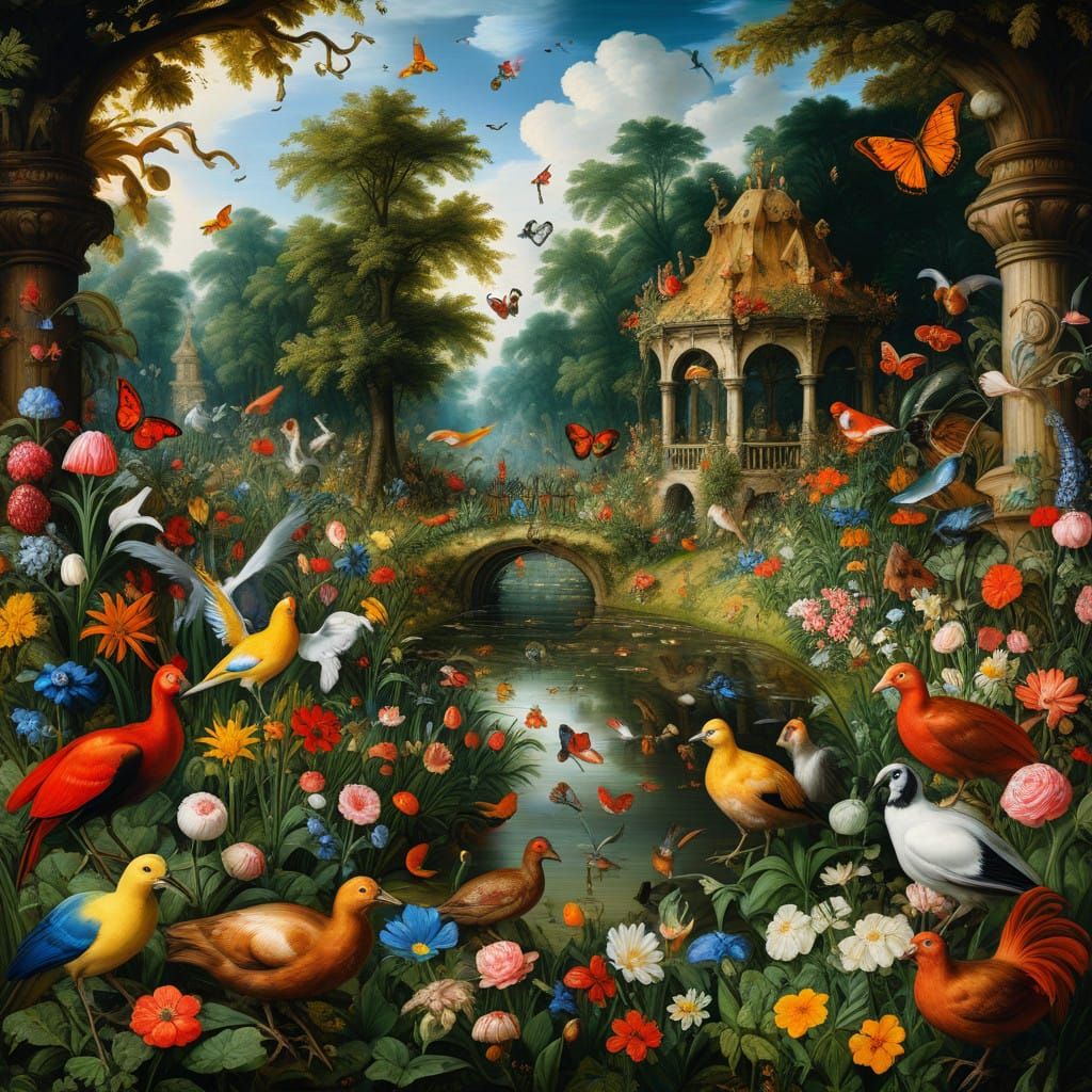 Hyperrealistic Garden Scene in Vibrant Colors