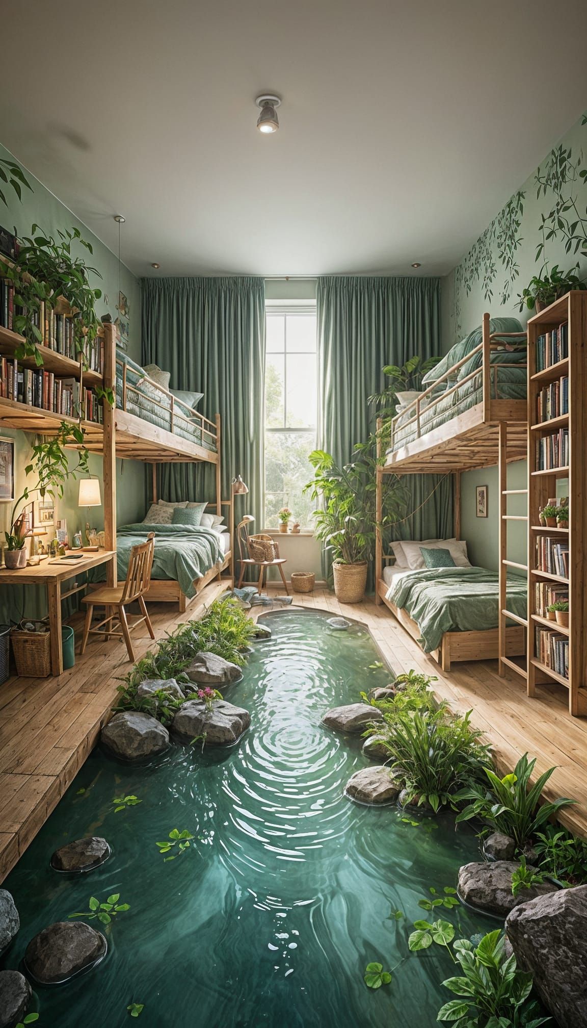Lush Bedroom Oasis with Indoor Garden and Waterfall