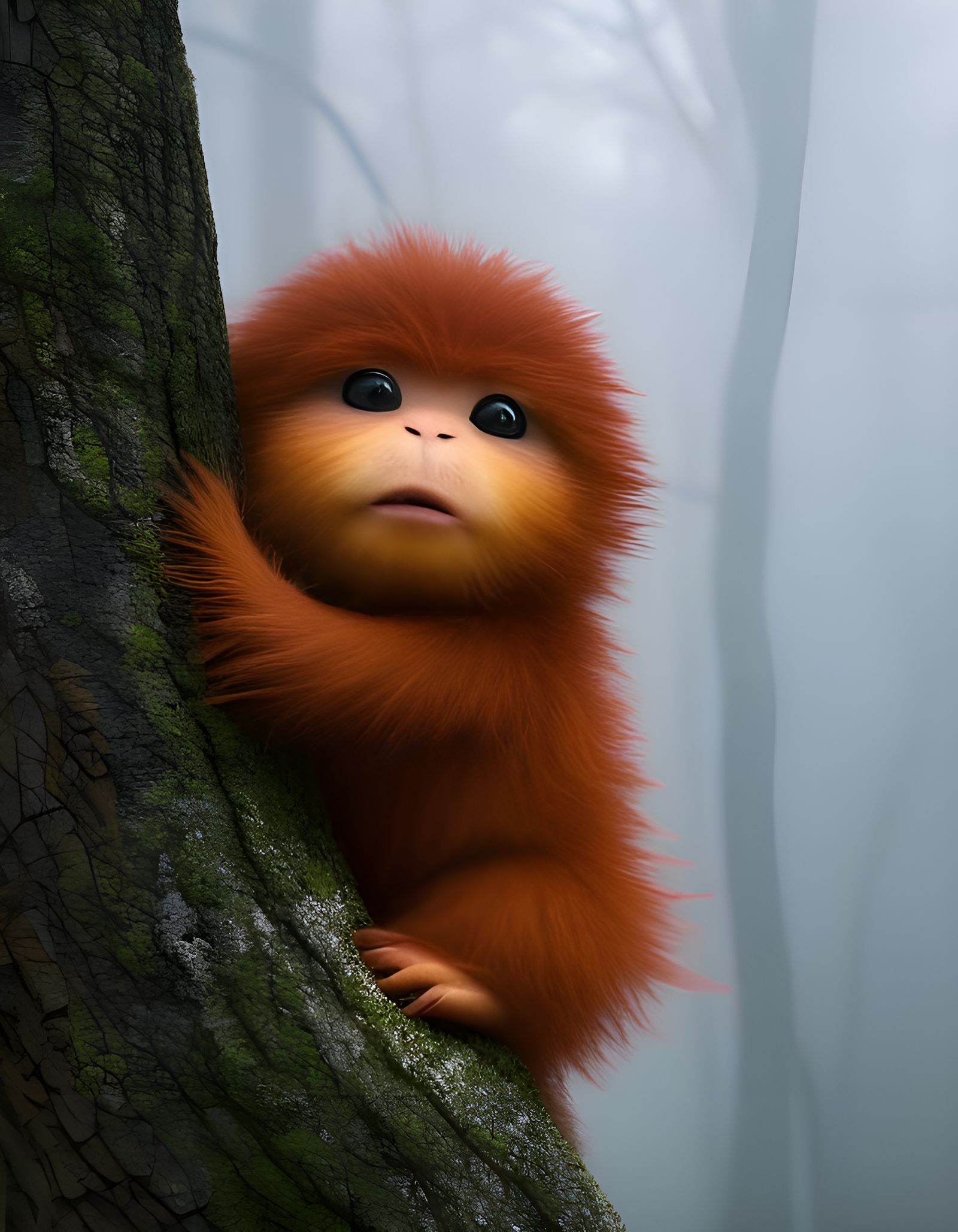 Adorable Baby Sasquatch in Fog, Hyperrealistic Art