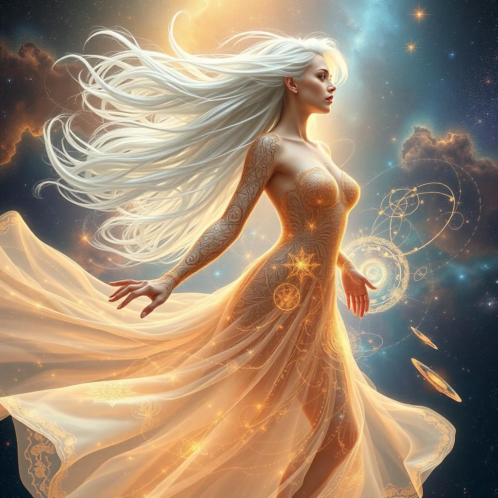 Celestial Woman Dancing Through Cosmos in Digital Art