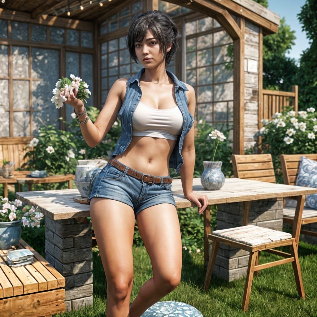 Stunning Anime-Inspired Woman Basks in Garden Serenity