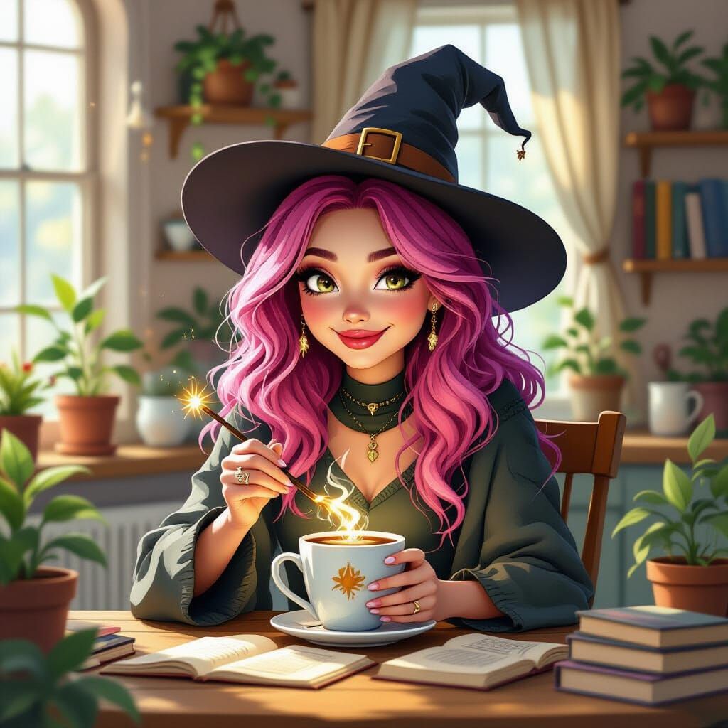 Modern Witch with Pink Hair Stirring Coffee in Cozy Apartmen...
