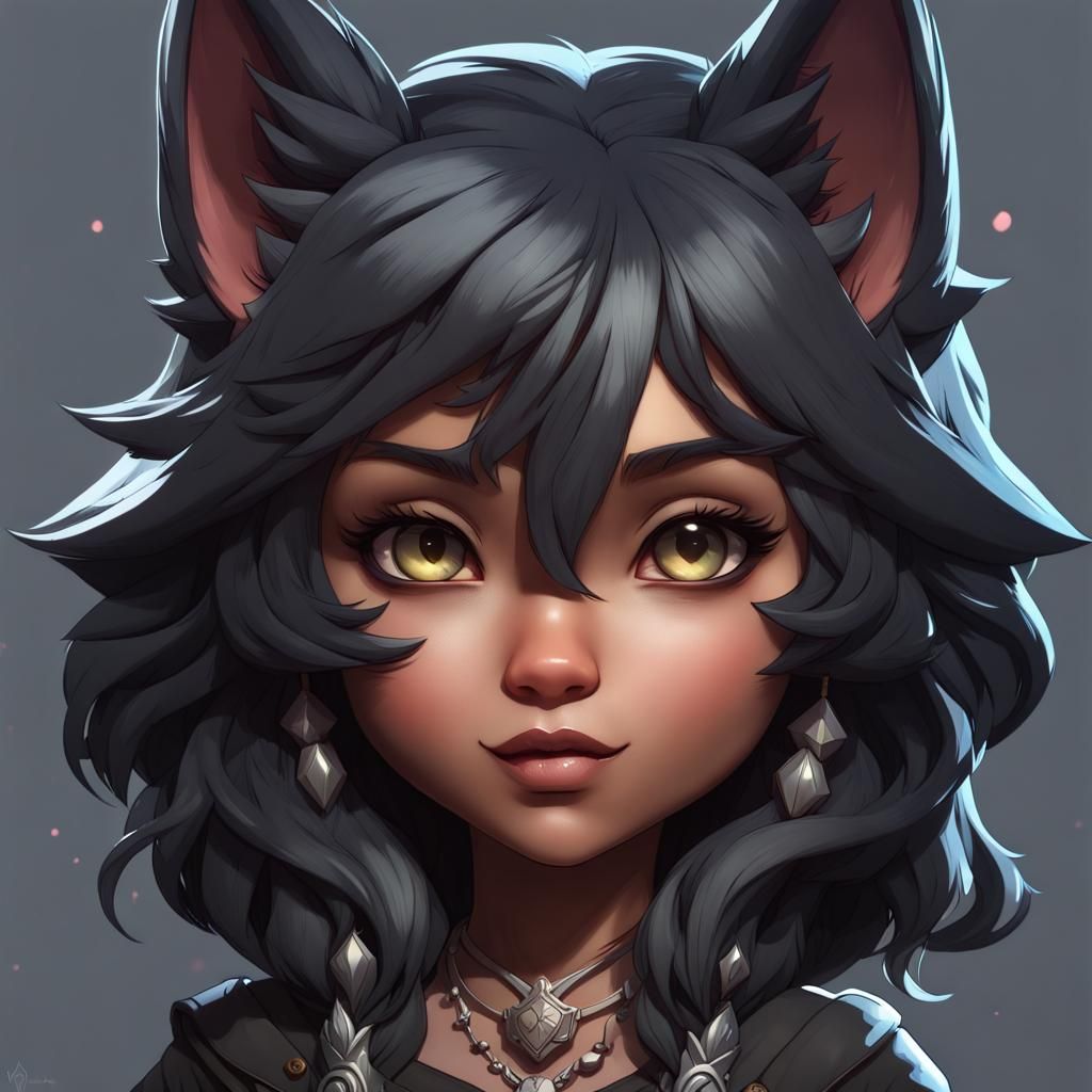 Chibi Black Wolf Girl Portrait in Hyperdetailed Style