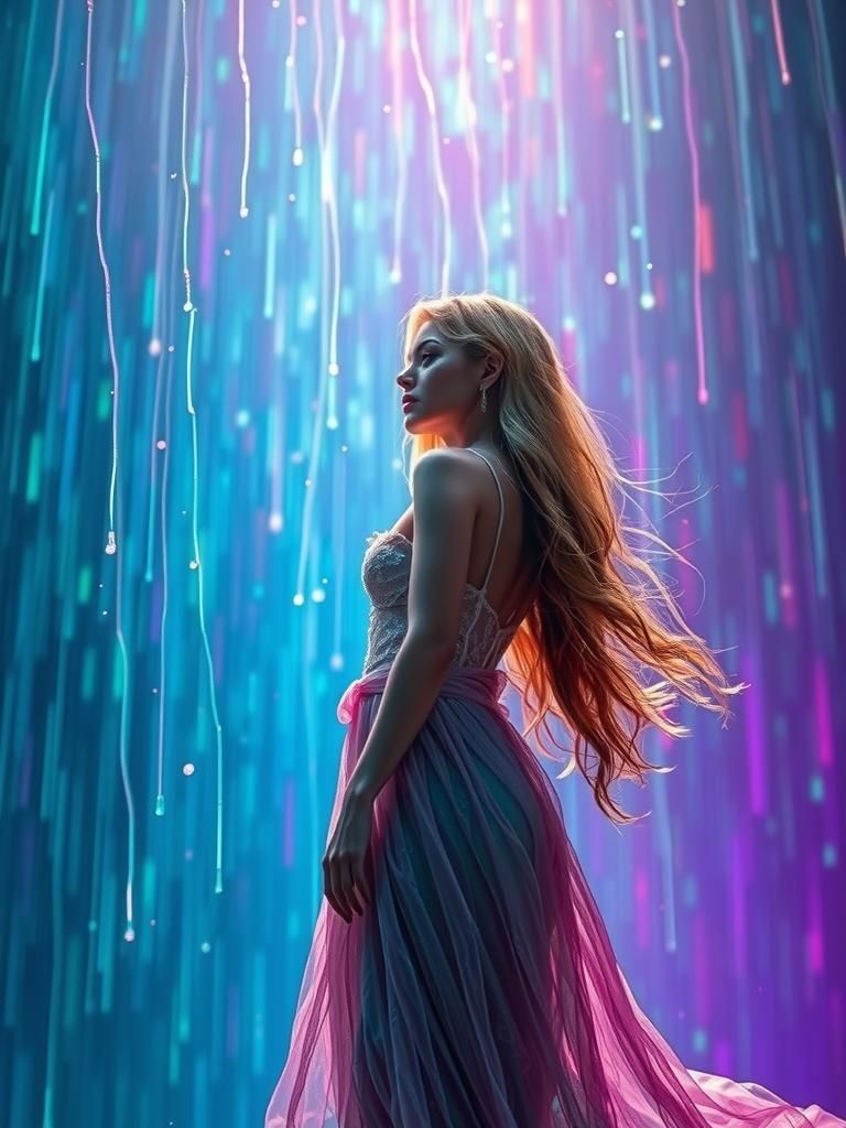 Woman in Luminescent Rainfall of Swirling Colors