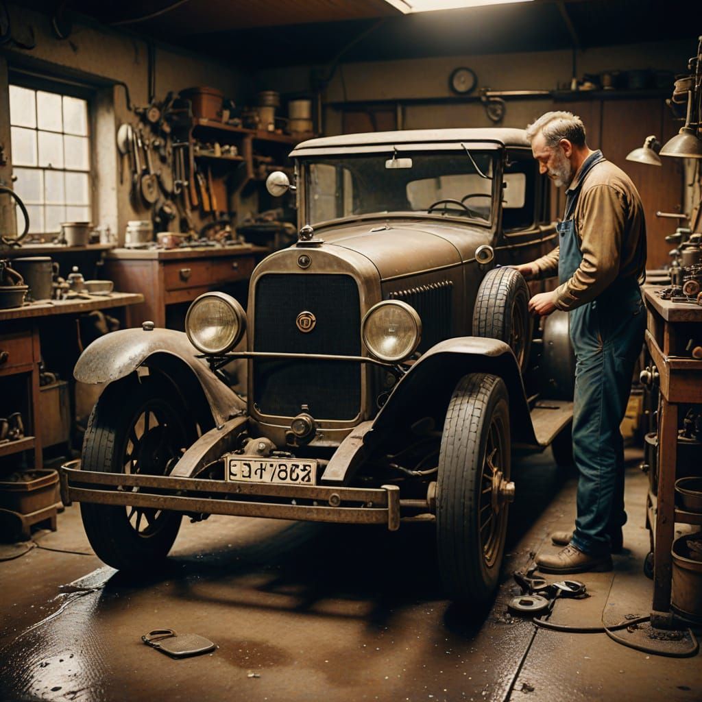Mechanic Repairs Vintage Car in Dusty Workshop