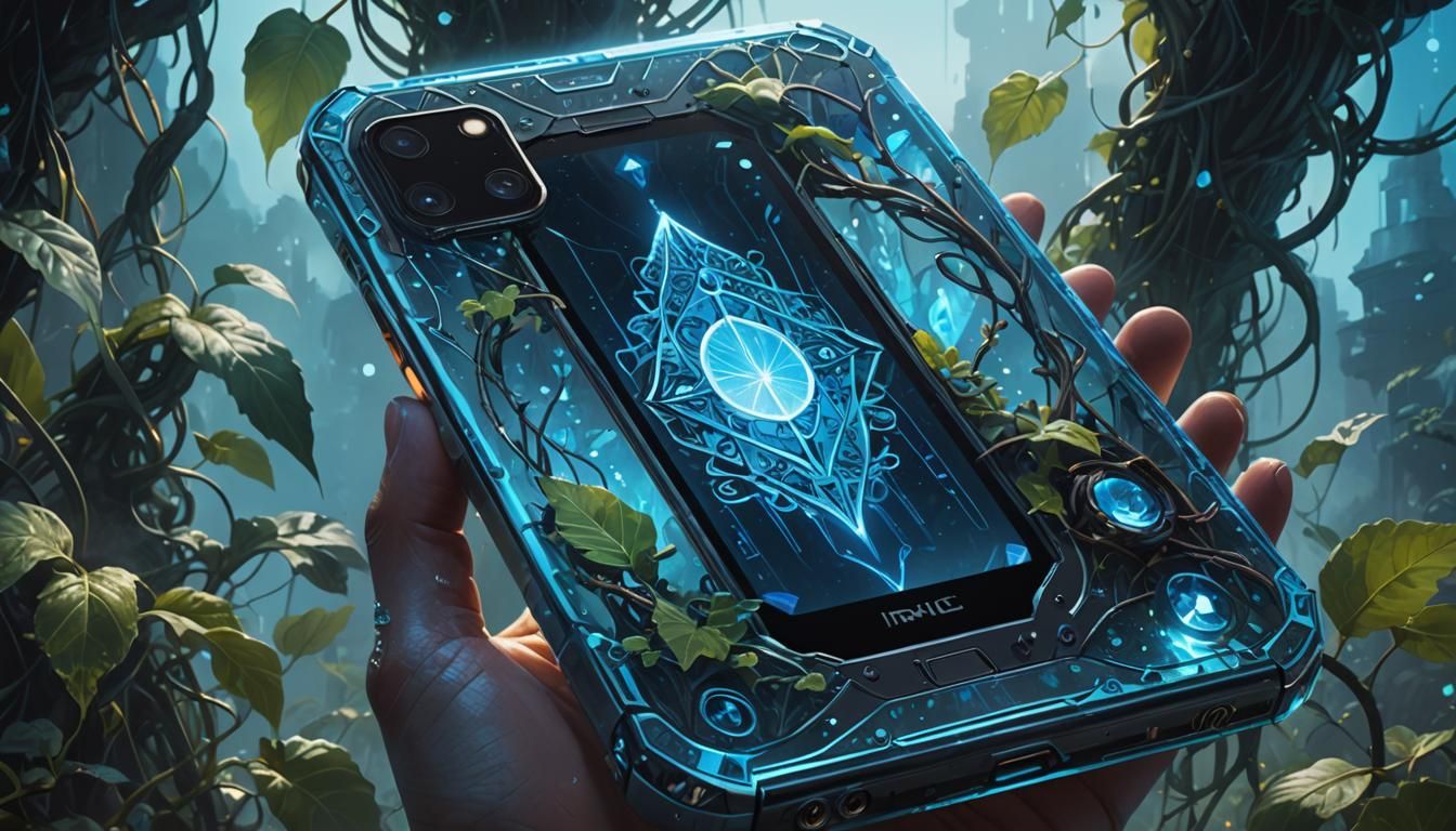 Levitating Crystal Smartphone in Neon Fantasy Style