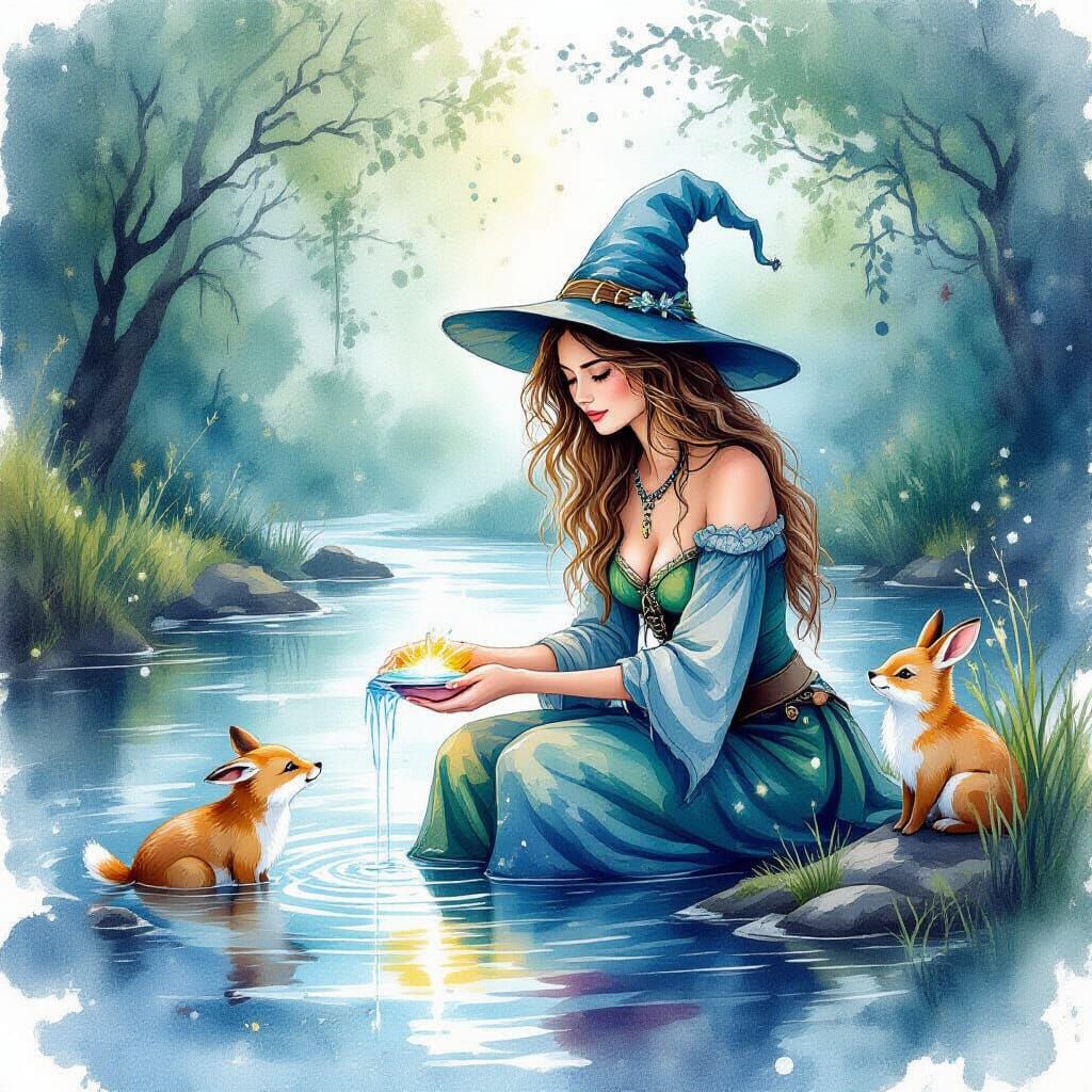 River Witch Healing Animals in Watercolor Style