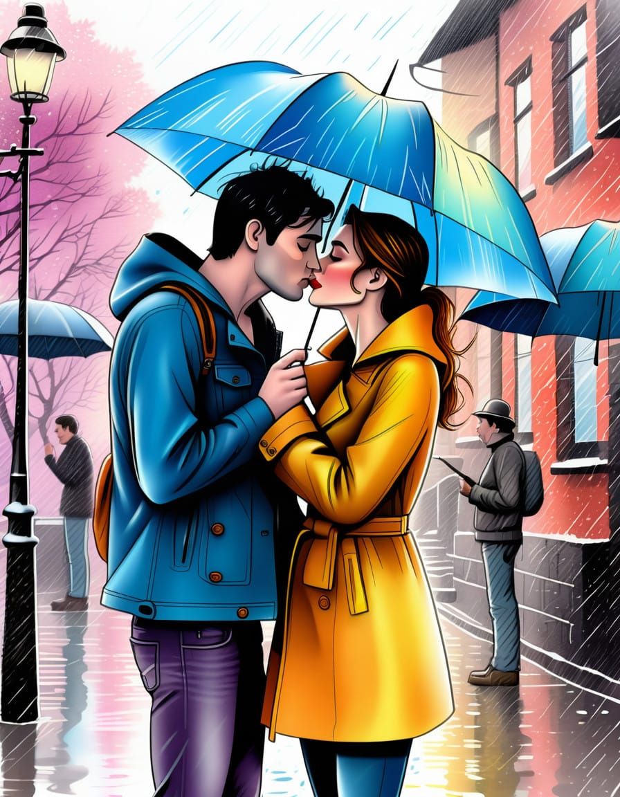 Teenagers Kiss Under Spring Rain in Comic Book Style
