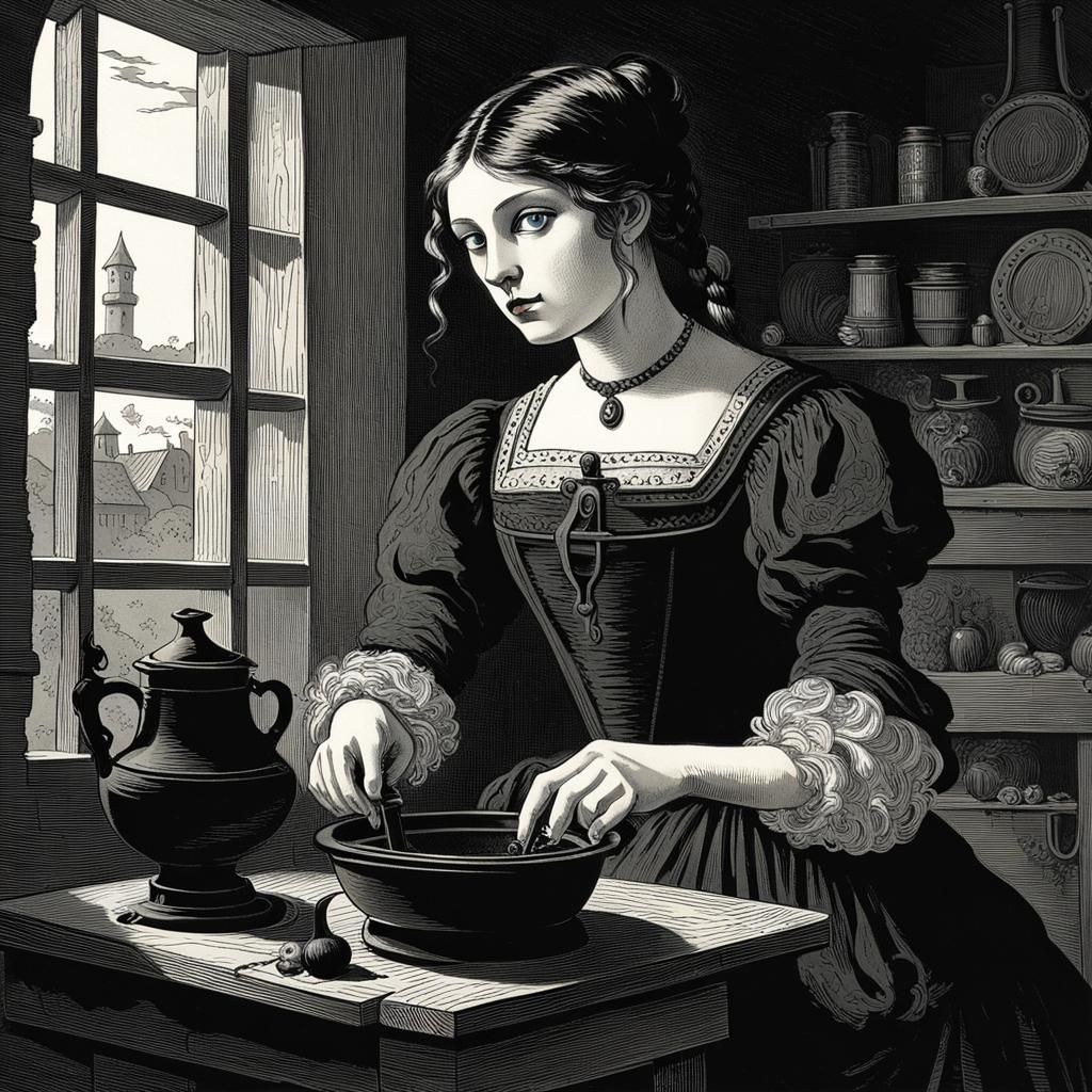 Dark-Haired Woman in Cottage: Cubist Fairy Tale Illustration