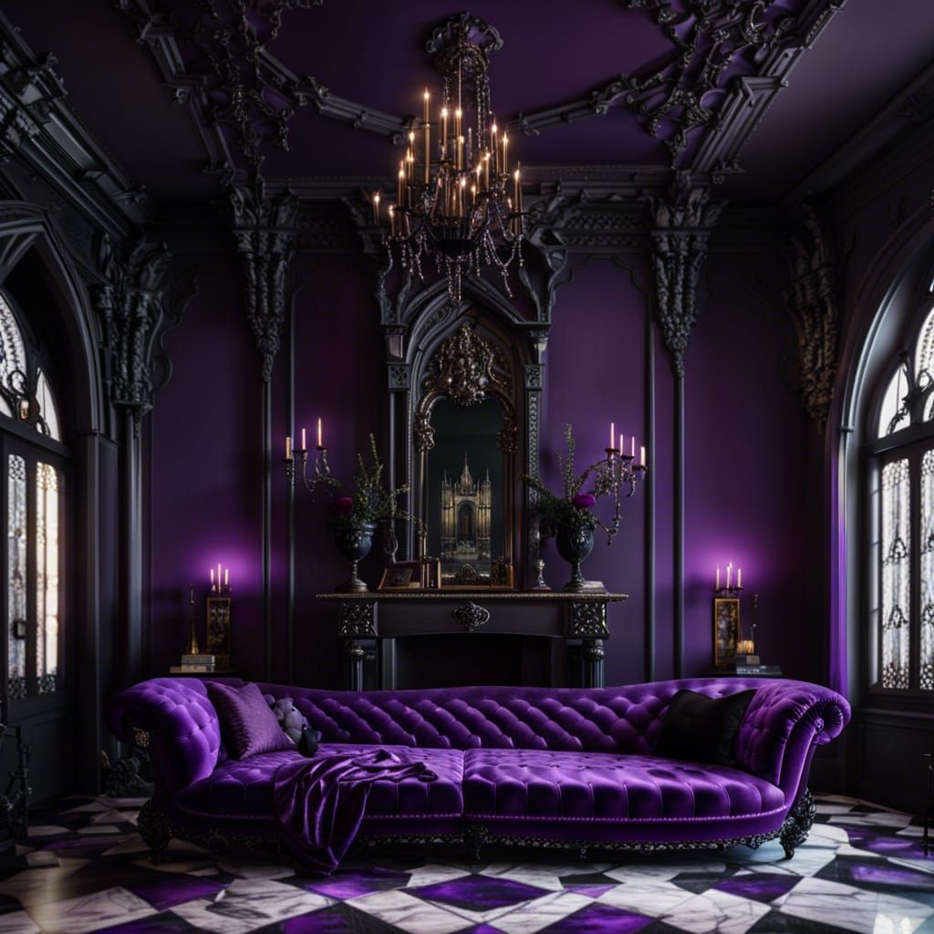 Luxurious Gothic living room with purple walls and black acc...