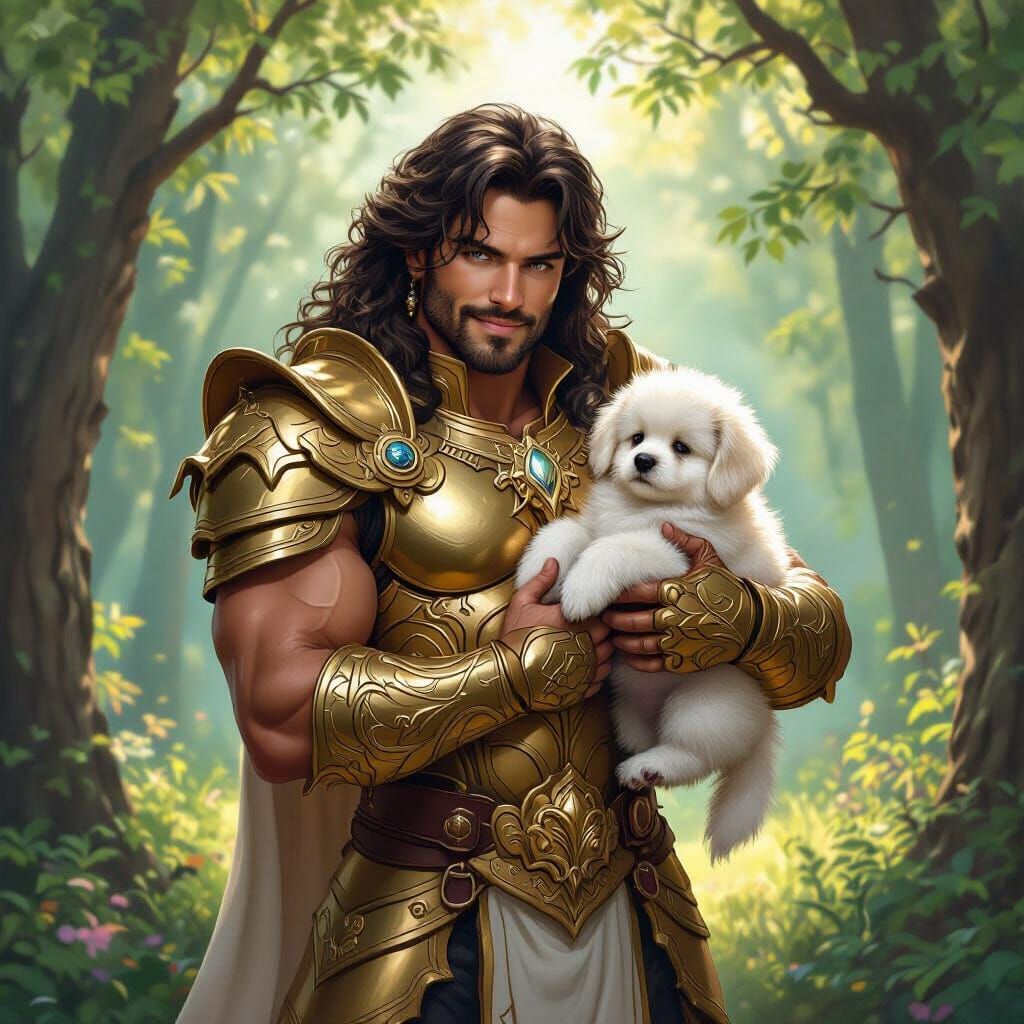 Muscular Fantasy Warrior Fab Morvan Holds Puppy in Sunlit Fo...
