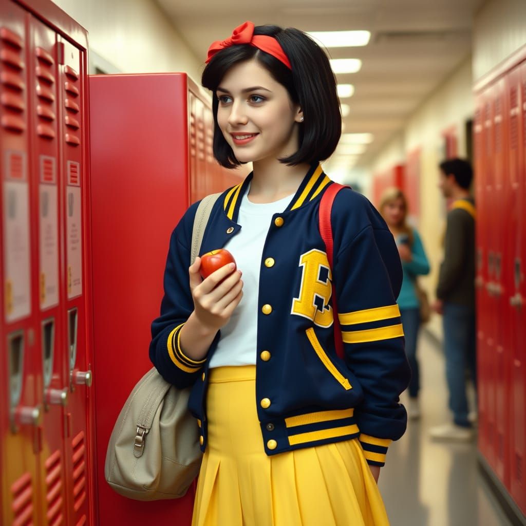 Teenage Snow White in 80s High School Hallway