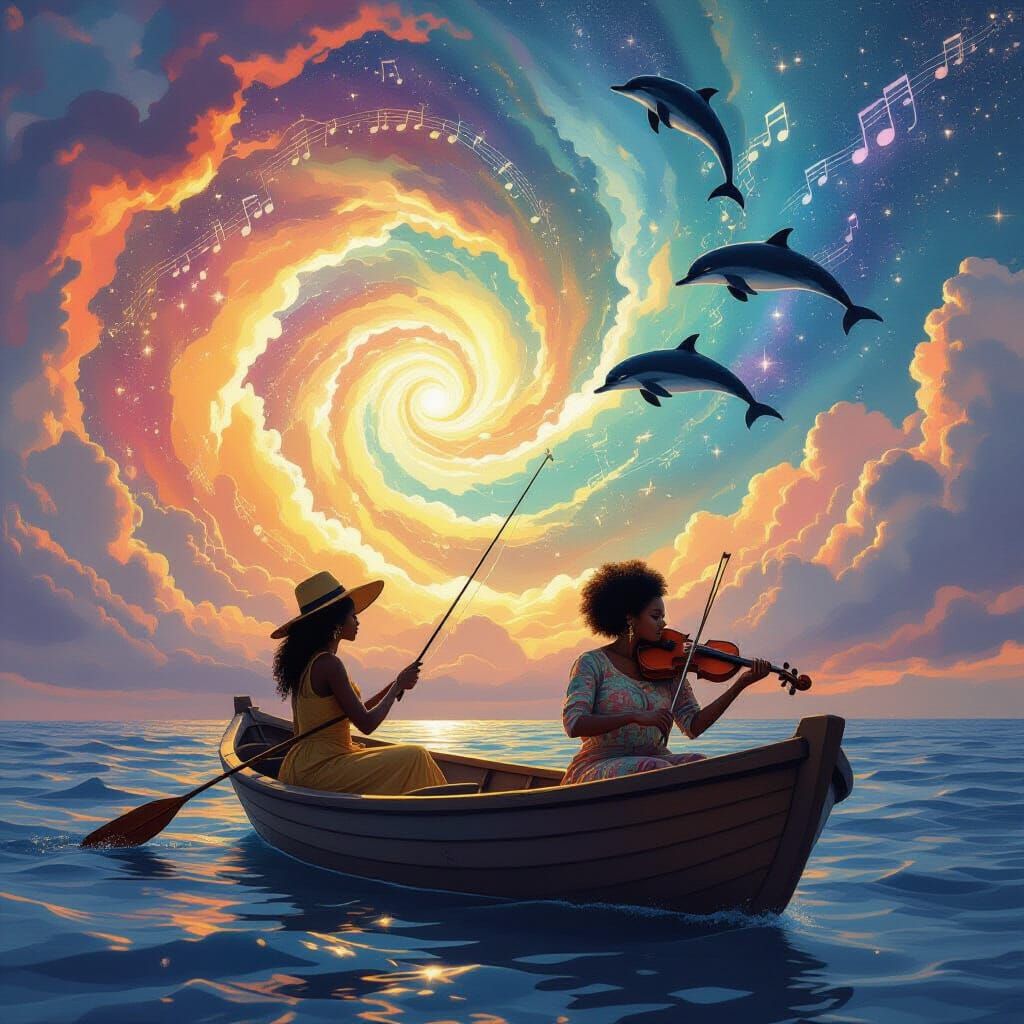 Afro-Latina Fisherman in Cosmic Nebula Sky