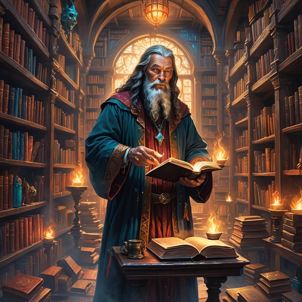 Mysterious Sorcerer in Mystical Library: Fantasy Concept Art