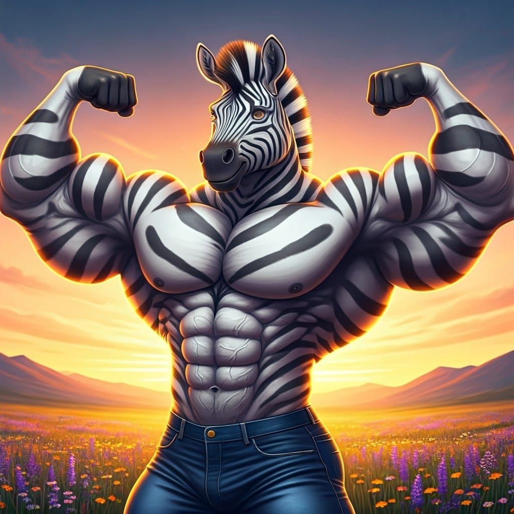 Hypermuscular Zebra Flexing in Sunset Field