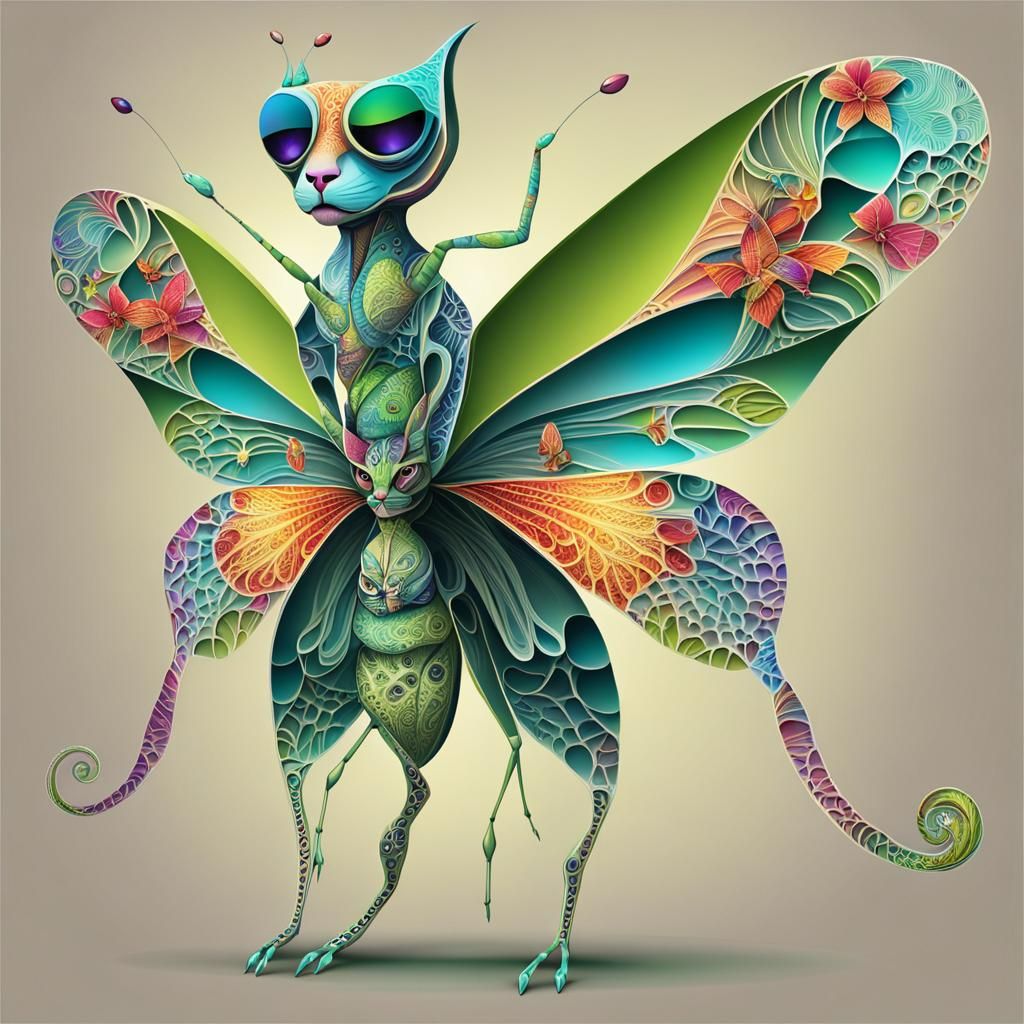 Tropical Sphynx Cat with Dragonflies and Orchids