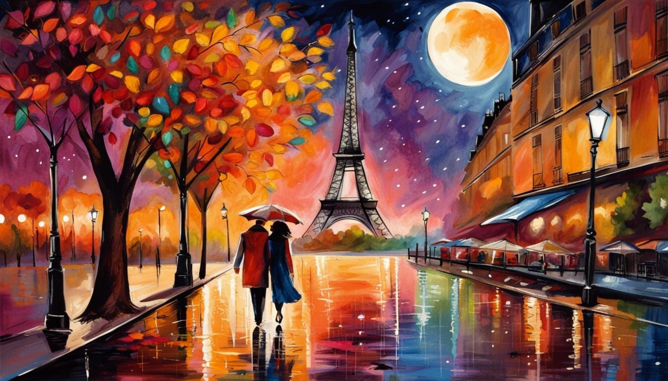 Romantic Couple in Paris Under Moonlight