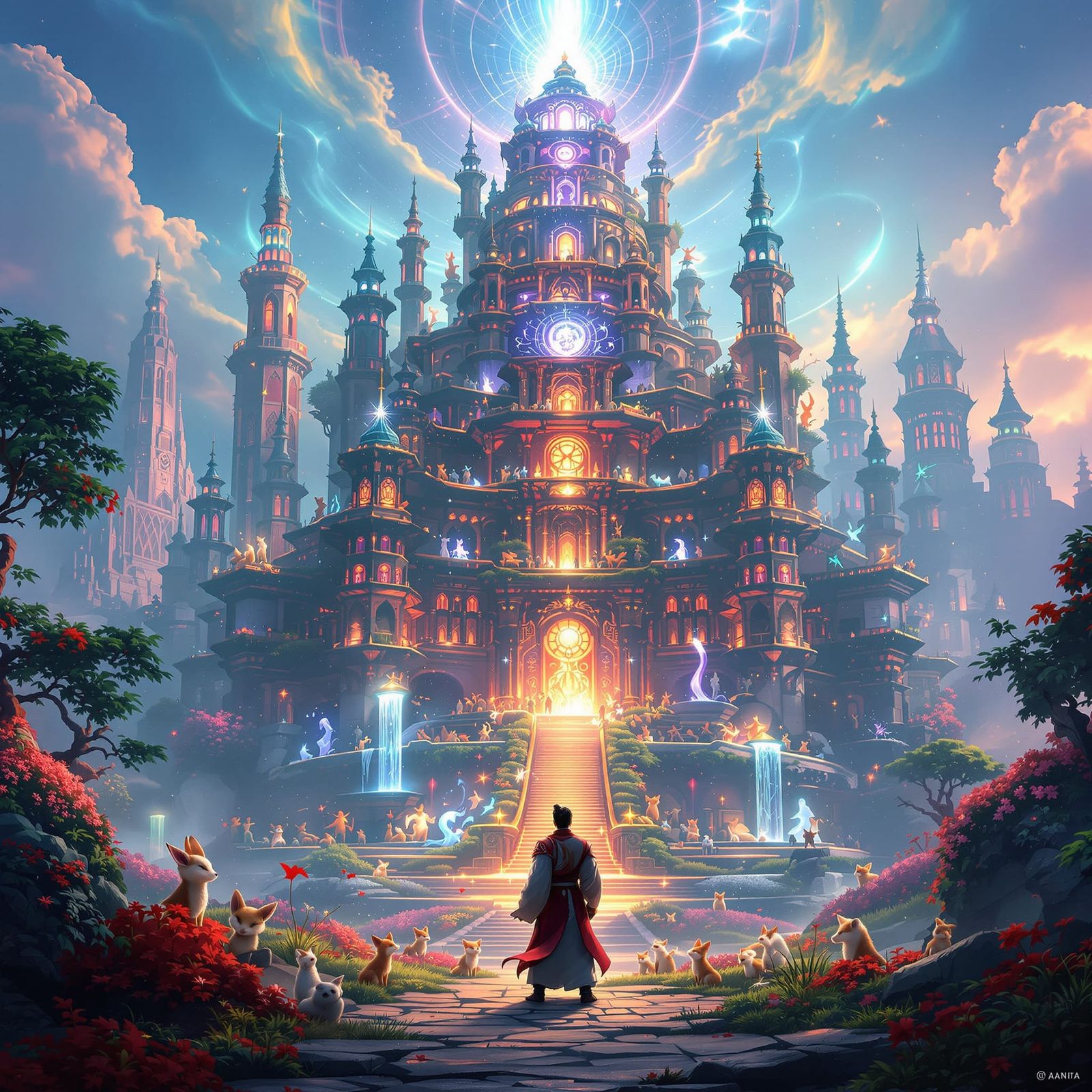 Fantastical Multi-Tiered Building with Martial Artist