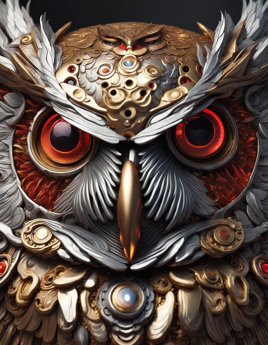 Intricate 3D Mechanical Owl with Red Eyes