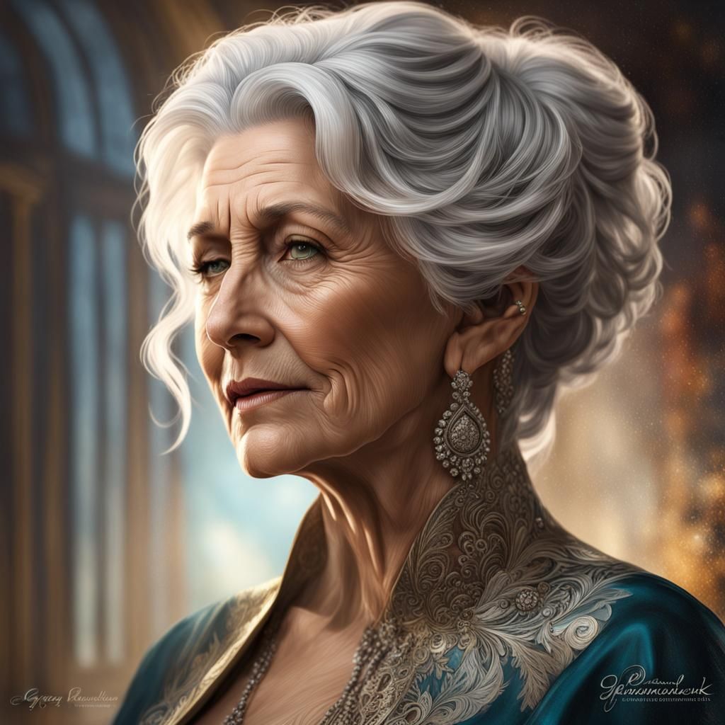 Beautiful older woman grandmother with blonde grey hair :: elegant Dress :: portrait :: highly intricate and hyperdetial...