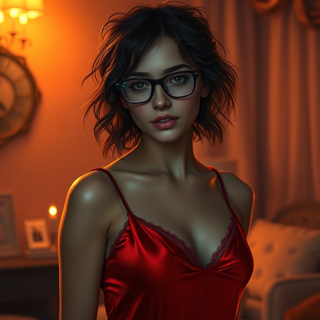 Romantic Woman in Red Nightgown: Detailed Matte Painting