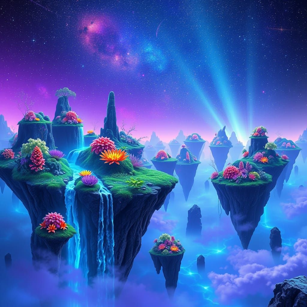 Surreal Floating Islands in Starry Void