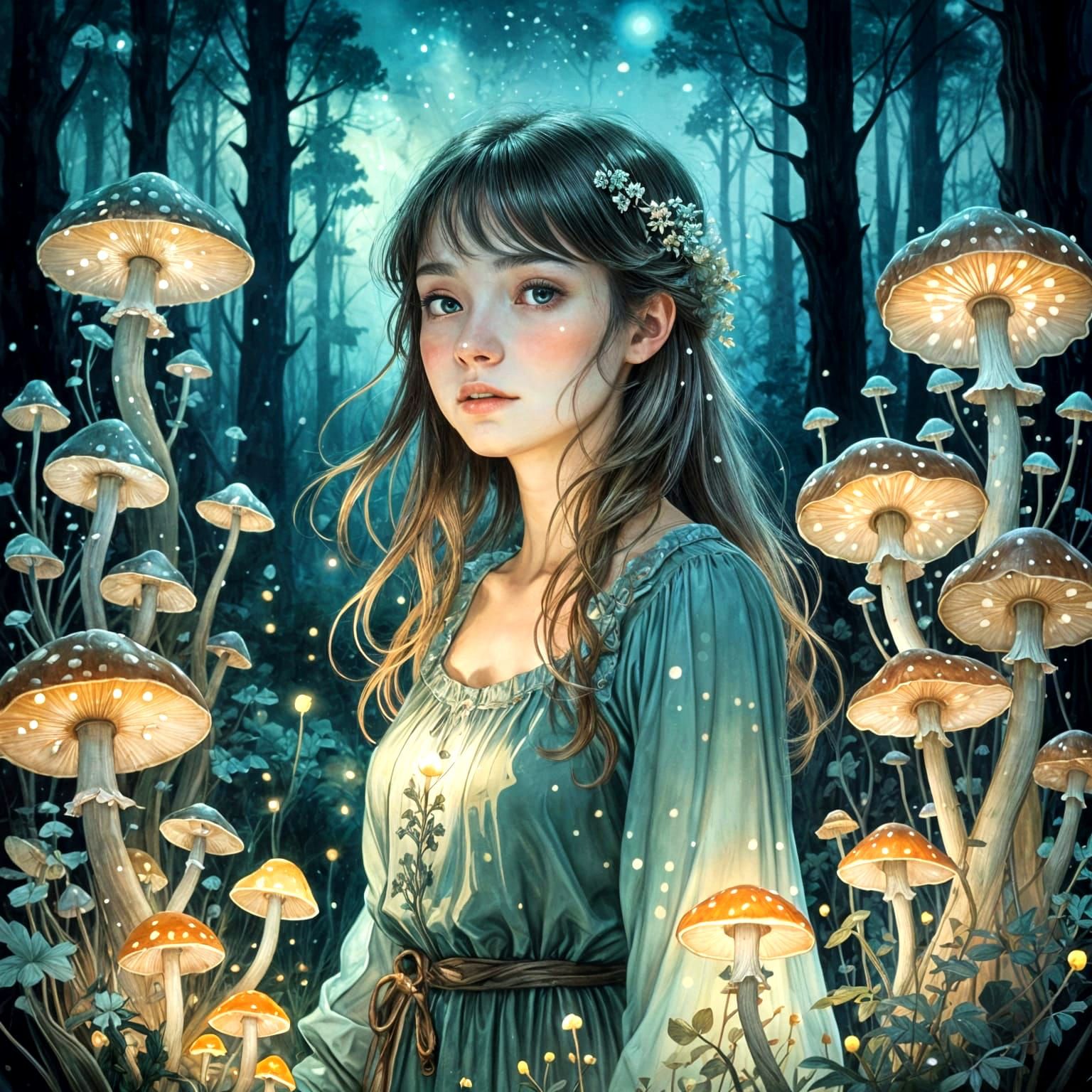 Ethereal Mushroom Goddess in Bioluminescent Forest