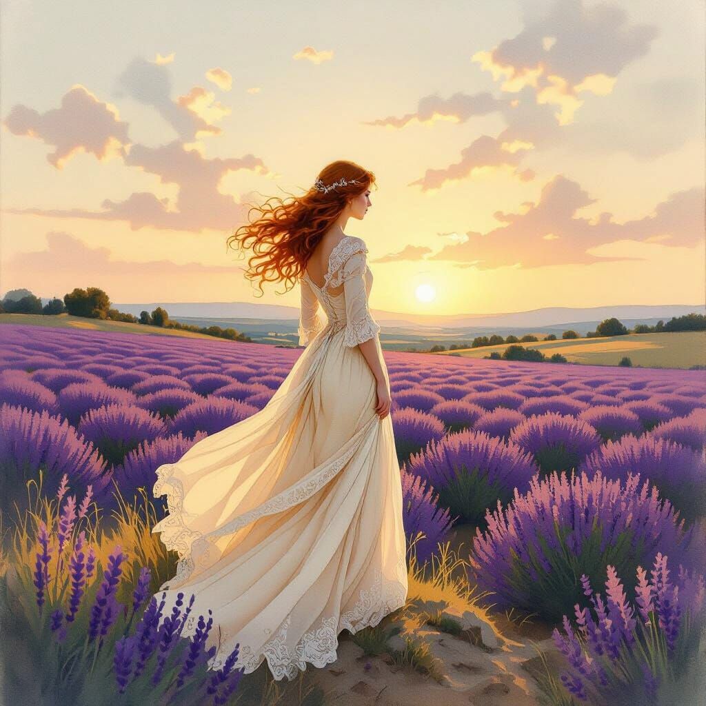 Auburn-Haired Woman in Lavender Field, Alphonse Mucha Style