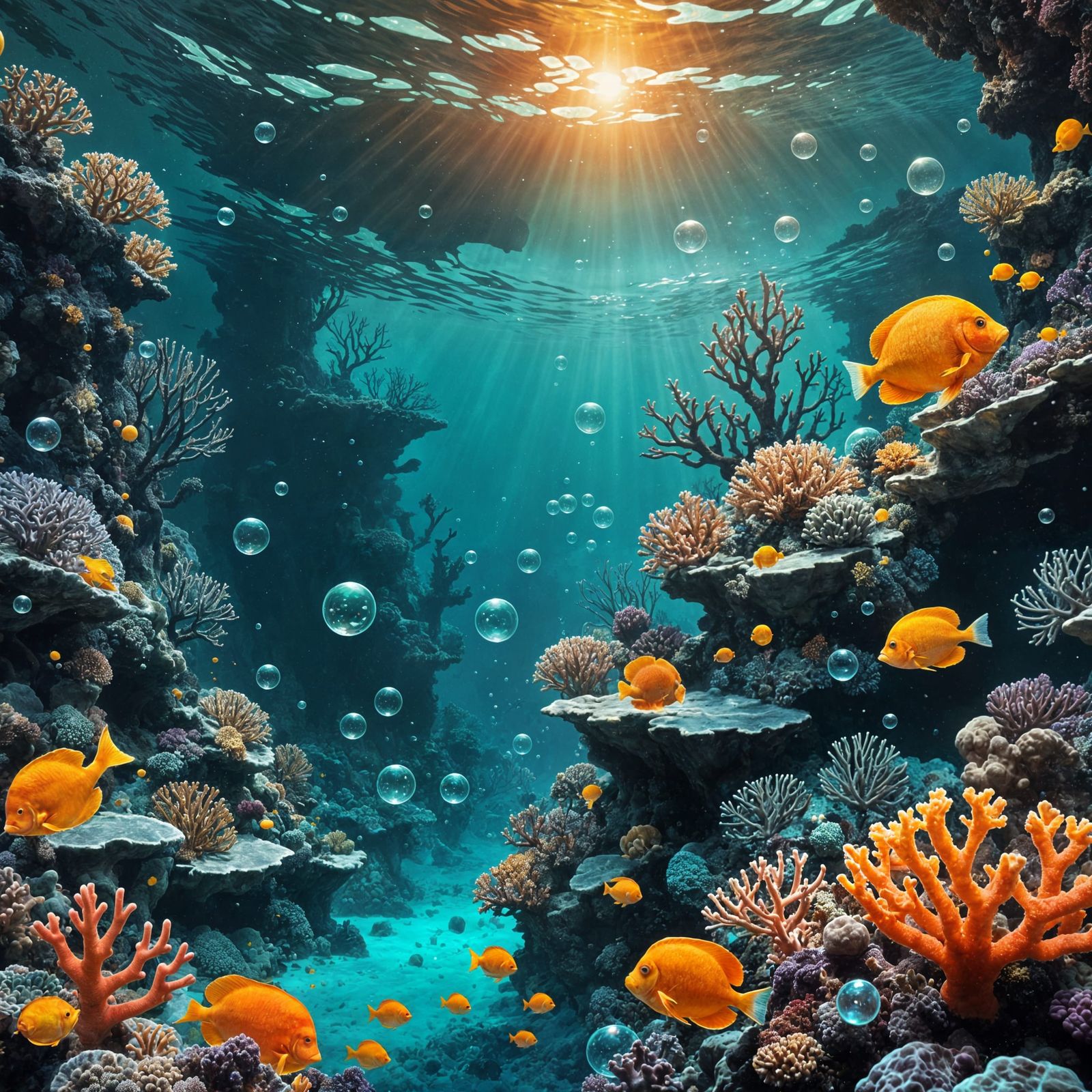 Luminescent Coral Reef in Ink Painting Style