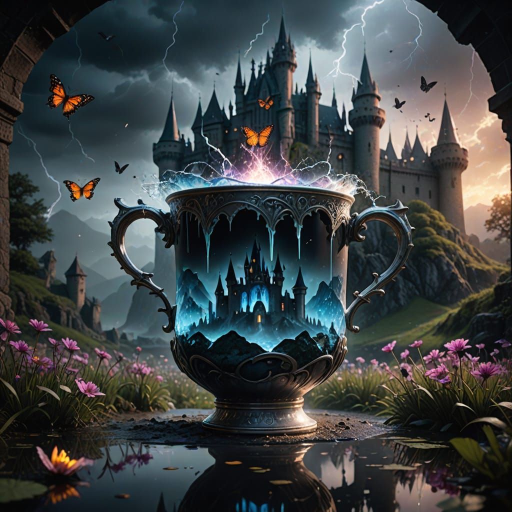 Gothic Castle in a Cup: Fantasy Double Exposure