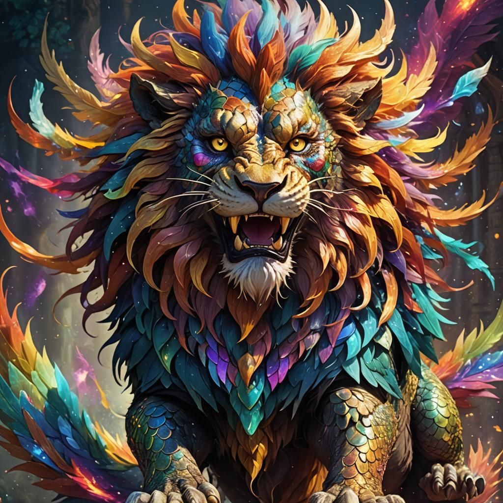 Majestic Dragon-Lion Hybrid Fusion in Digital Painting